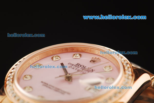 Rolex Oyster Perpetual Datejust Automatic Movement Rose Gold Case and Strap with Pink Dial and Diamond Markers/Bezel - Click Image to Close